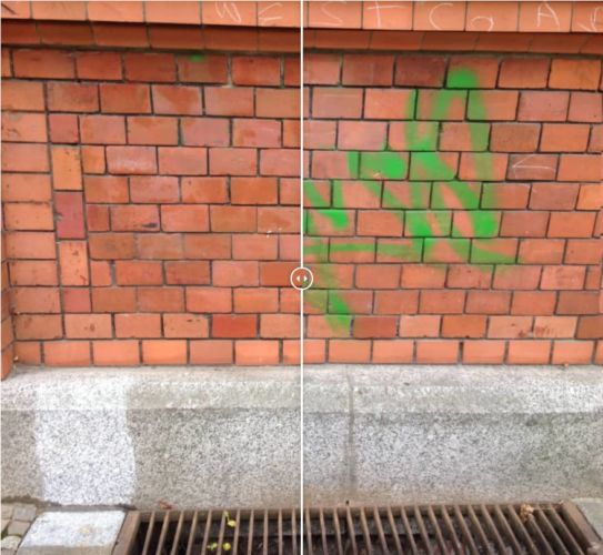 Bild einer Klinker Mauer bevor und nach der Entfernung eines Graffitis durch das PUR Graffiti Entfernen Team
