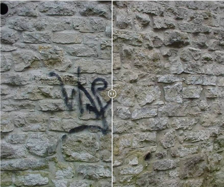 Bild einer Naturstein Mauer bevor und nach der Entfernung eines Graffitis durch das PUR Graffiti Entfernen Team
