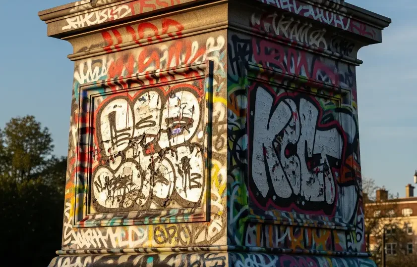 Ein verwittertes Steinmonument, das mit lebendigen, bunten Graffitis bedeckt ist.