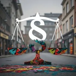Ein Bild, das eine große Waage der Justitia zeigt, die in der Mitte einer Straße steht. Die Waagschalen und die Basis sind mit farbigem Graffiti besprüht, während der obere Teil der Waage und der Paragraph-Abschnitt (§) weiß und sauber sind.