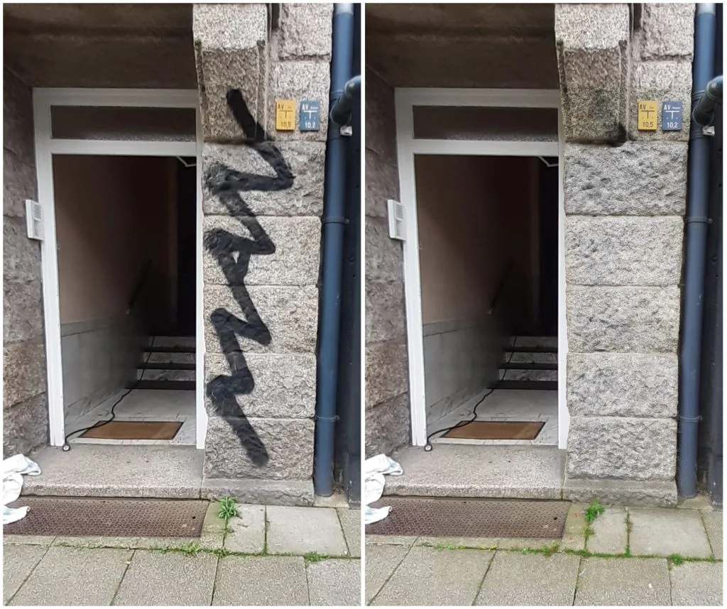 Graffitientfernung von Naturstein, durchgeführt von Spezialisten der PUR-Graffiti-Entfernen.