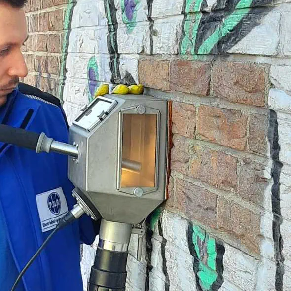 Ein Fachmann von PUR entfernt Graffiti von einer Gebäudewand mit einem Vakuumstrahlgerät.